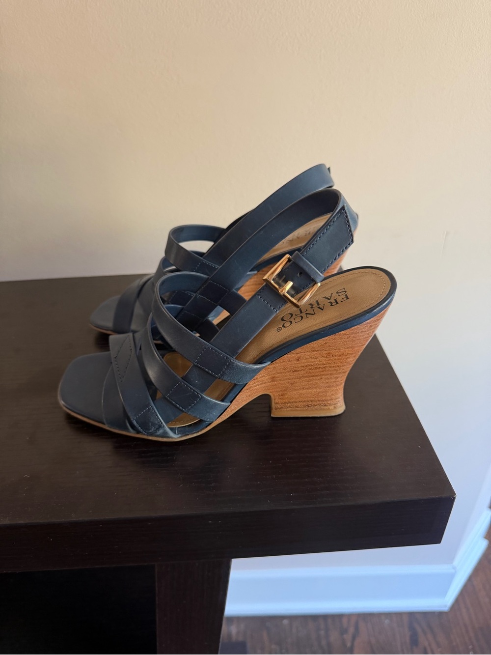 Franco Sarto Navy Leather Strappy Wooden Block Heel Sandals